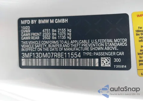 2024 BMW M2 z USA, uszkodzony, nr VIN 3MF13DM07R8E11554